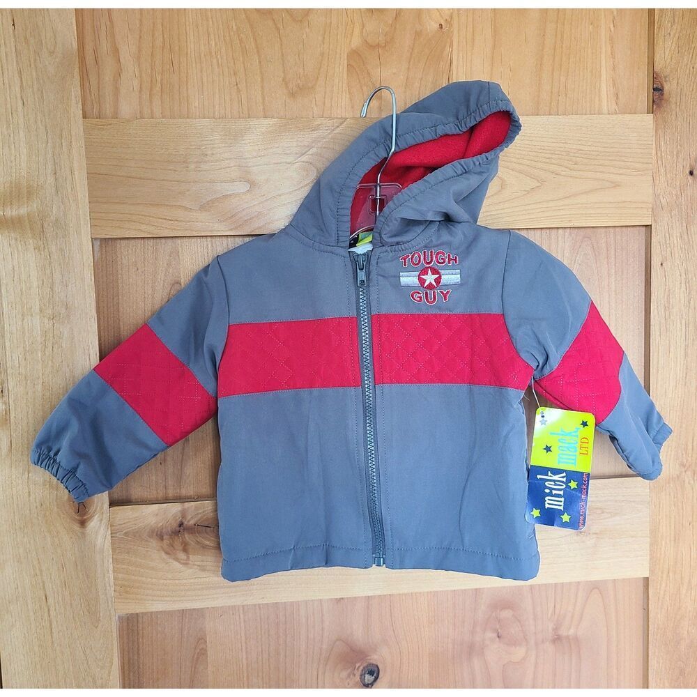 NWT Mick Mack 12 Months Baby Toddler Boys Zip Up Jacket Coat‎ Gray Red New 12m